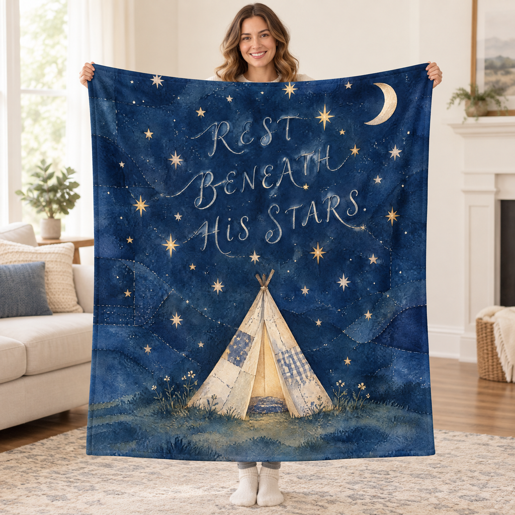 Rest Beneath His Stars. blanket, held open