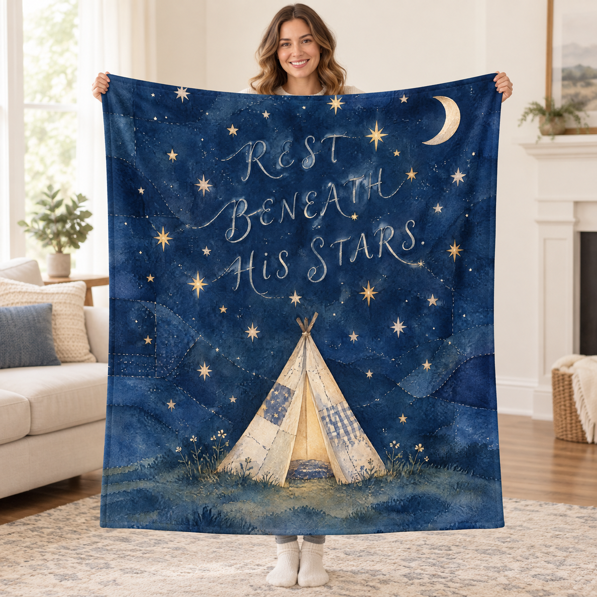 Rest Beneath His Stars. blanket, held open