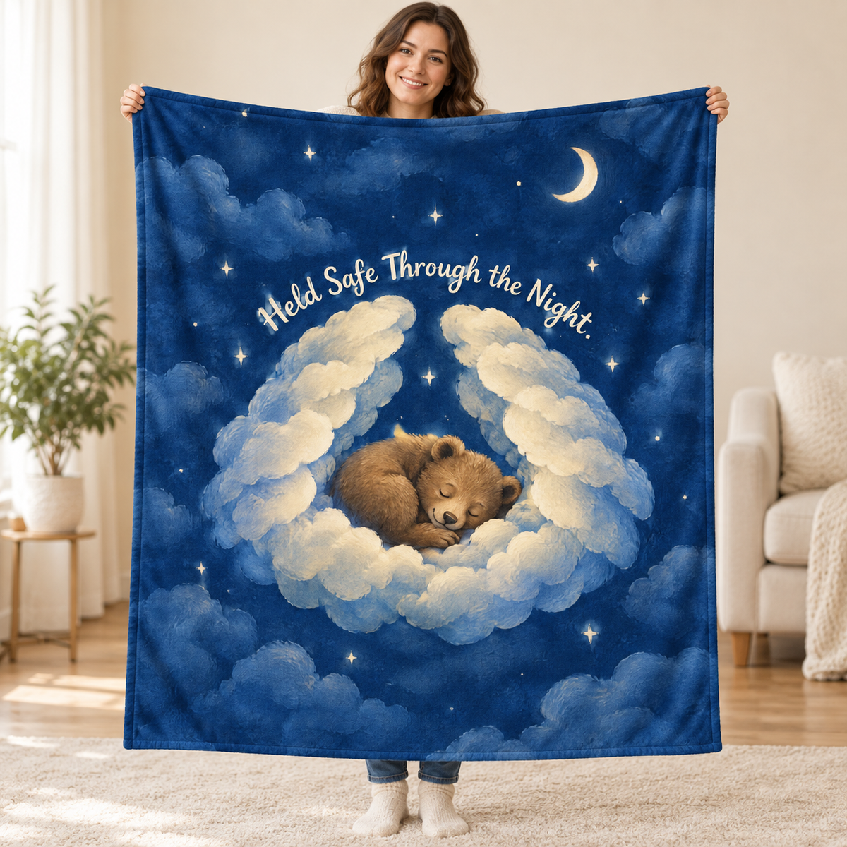Held Safe Through the Night. blanket, held open