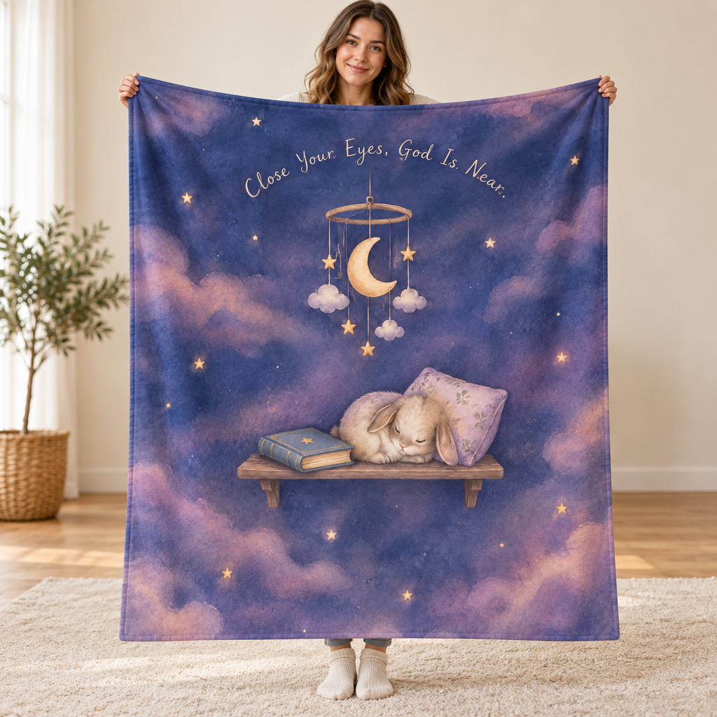 Close Your Eyes, God Is Near. blanket, held open