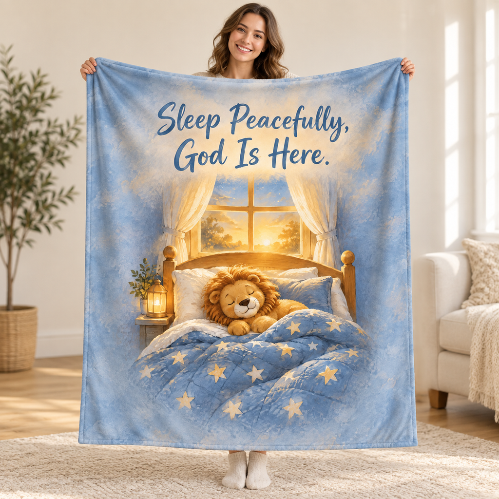 Sleep Peacefully, God Is Here. blanket, held open