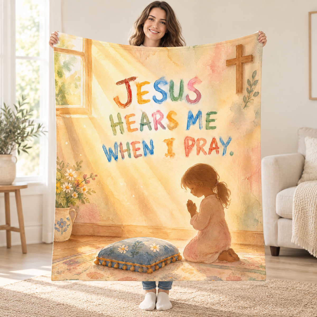 Jesus Hears Me When I Pray. blanket, held open