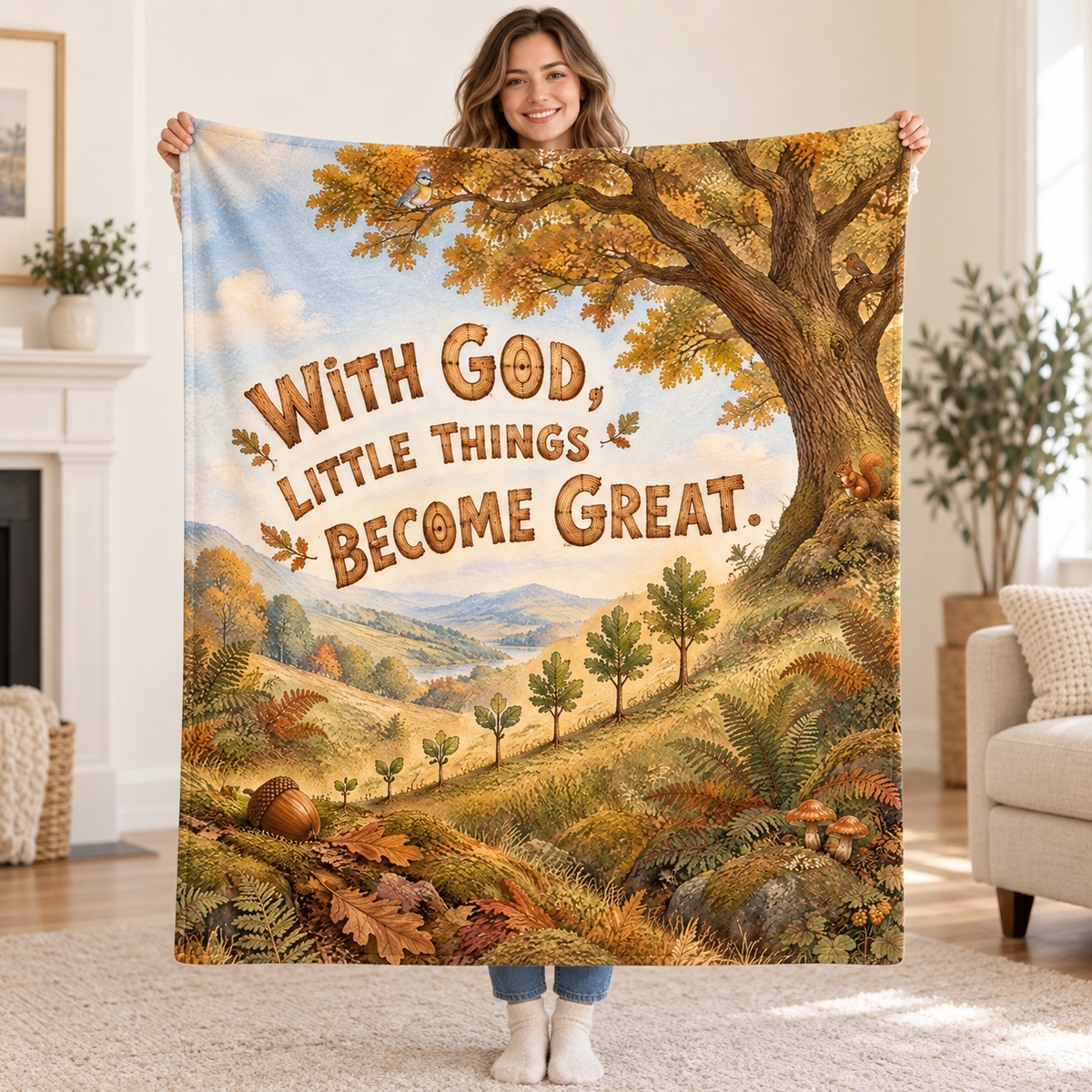 With God, Little Things Become Great. blanket, held open