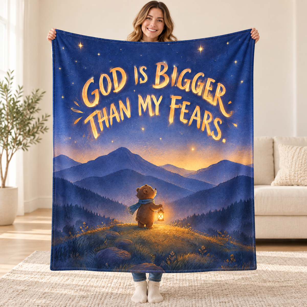 God Is Bigger Than My Fears. blanket, held open