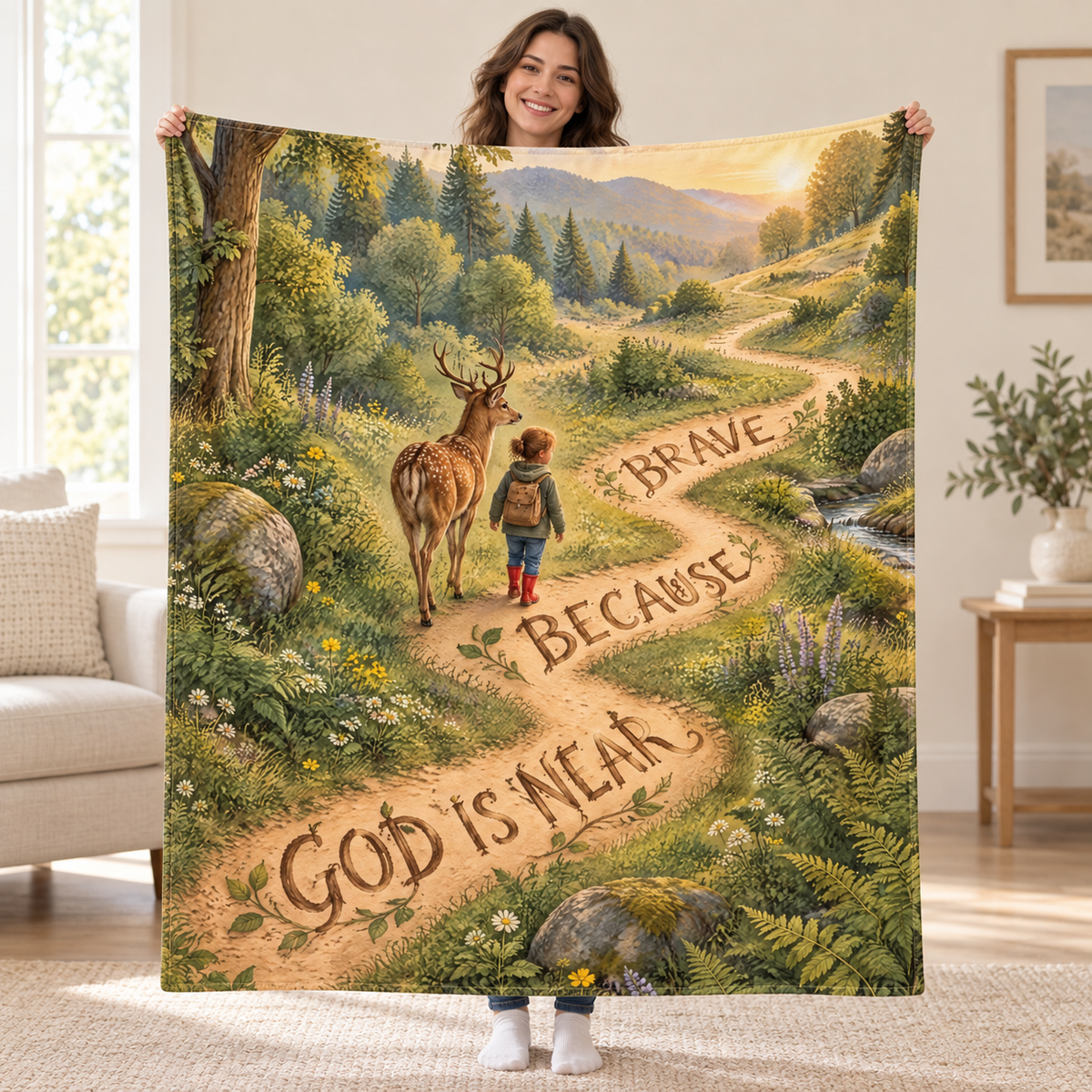Brave Because God Is Near. blanket, held open