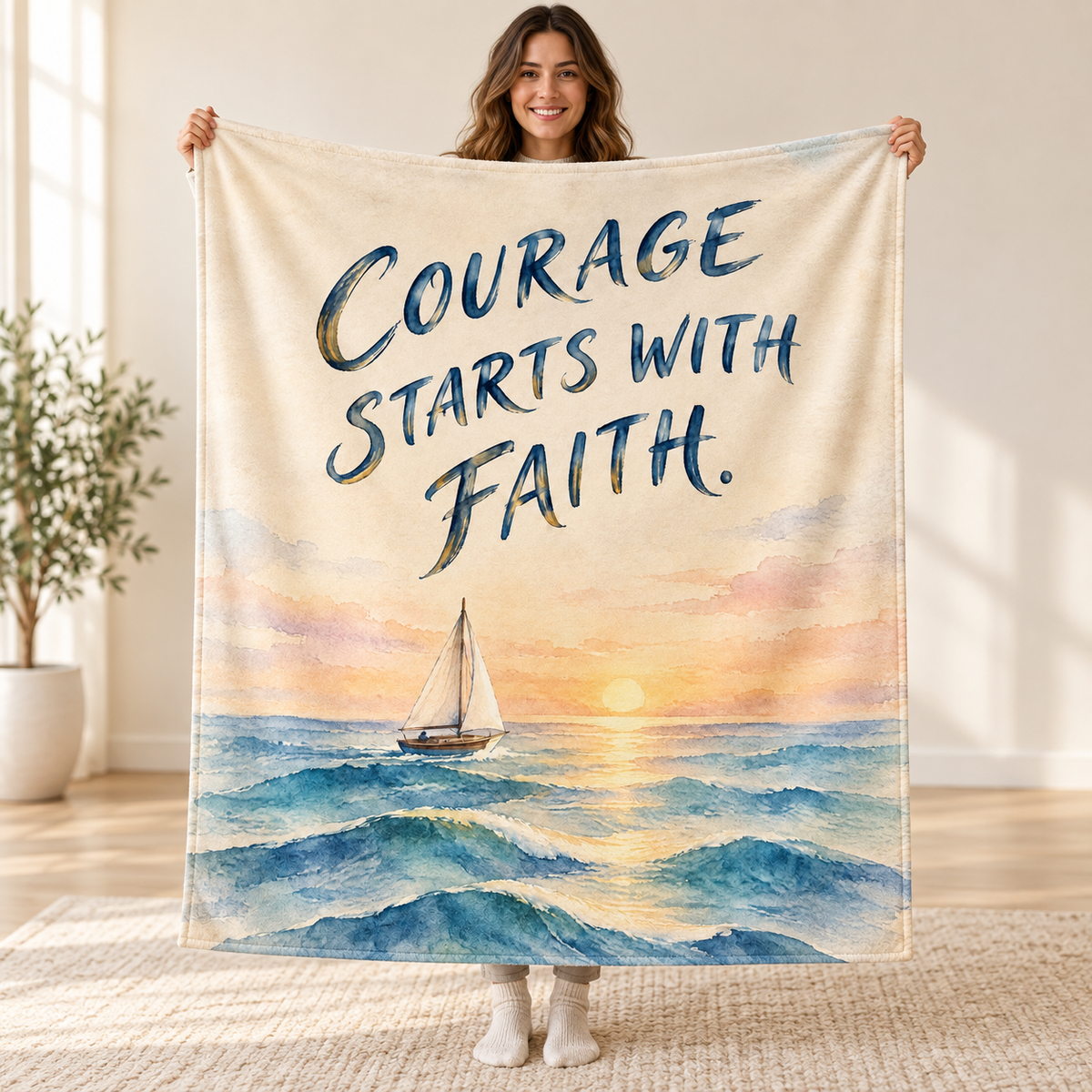 Courage Starts with Faith. blanket, held open