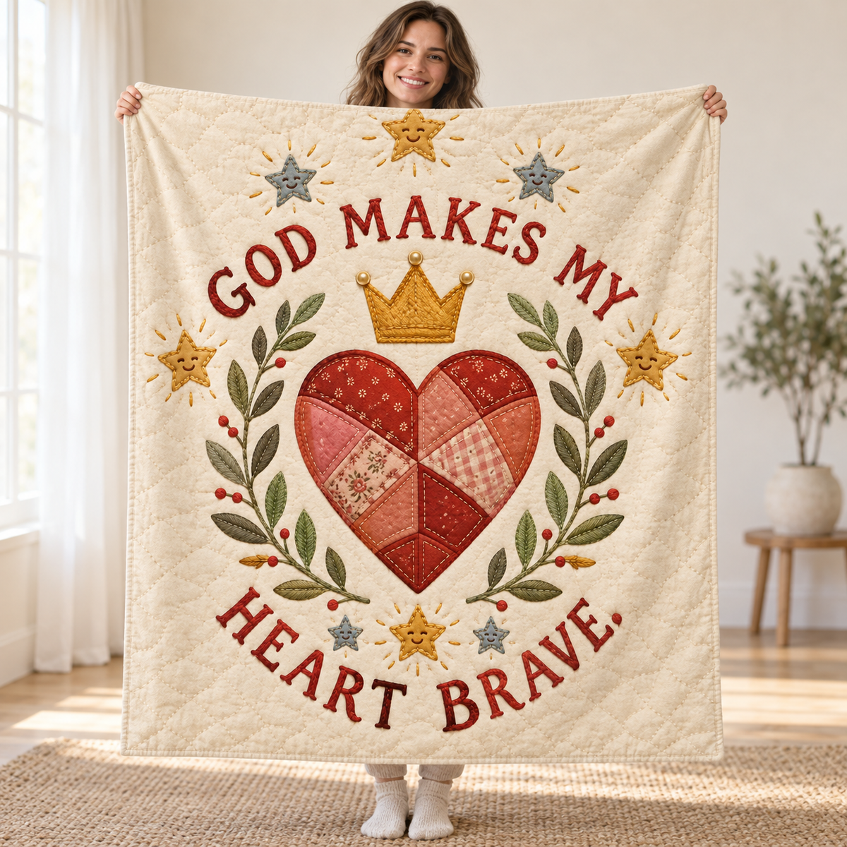 God Makes My Heart Brave. blanket, held open