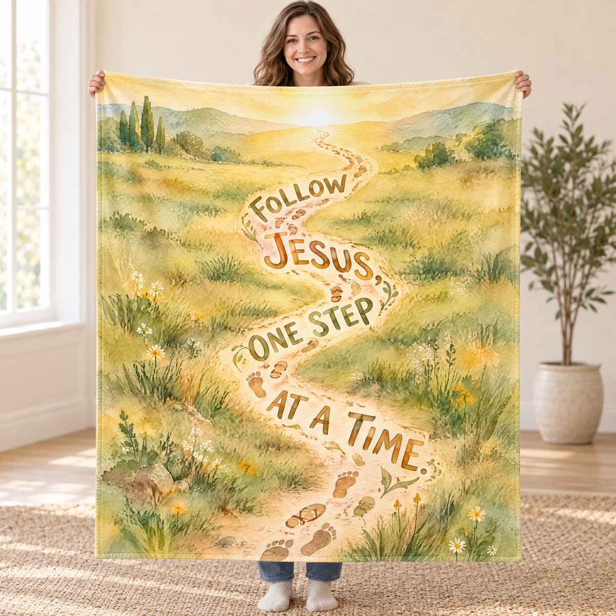 Follow Jesus, One Step at a Time. blanket, held open