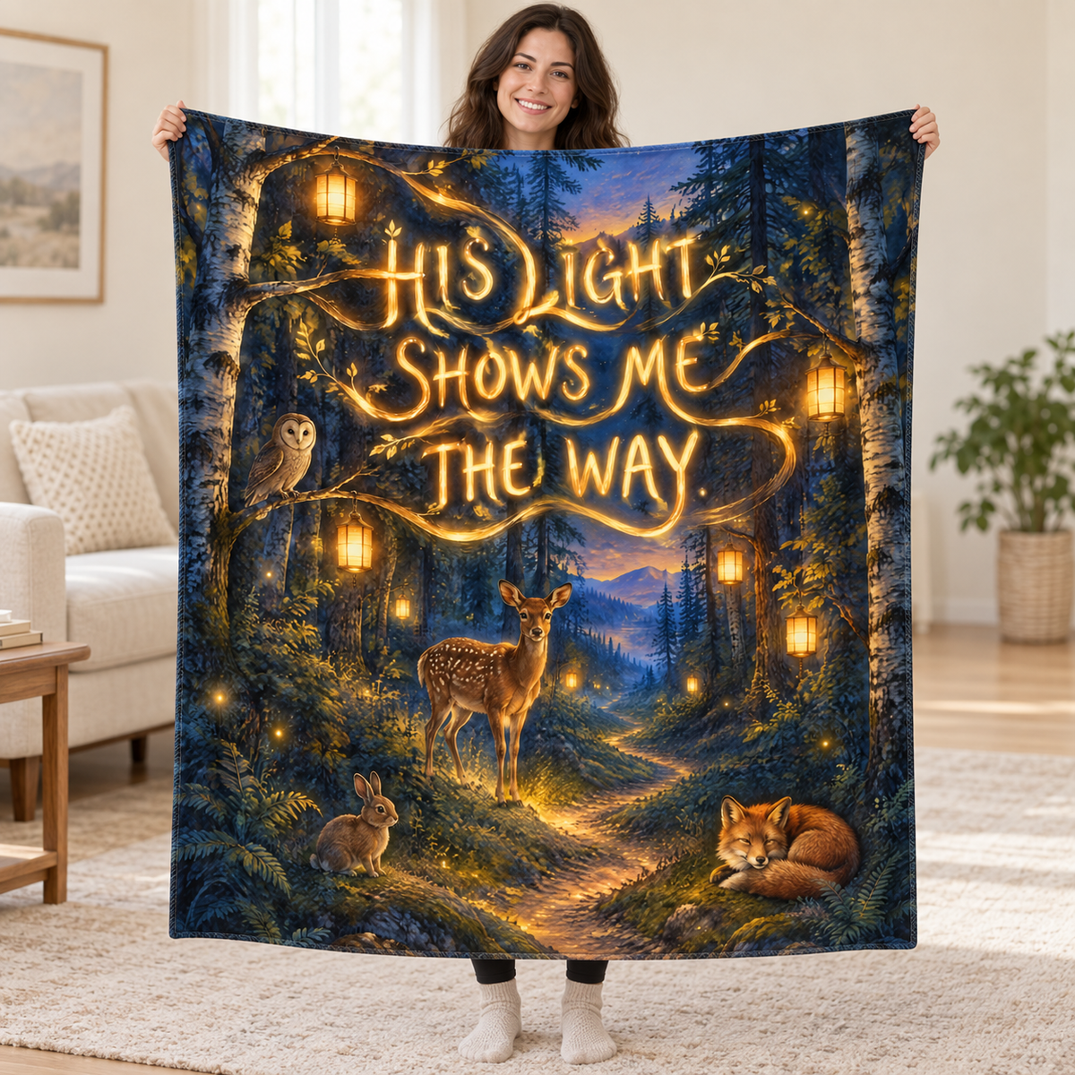 His Light Shows Me the Way. blanket, held open