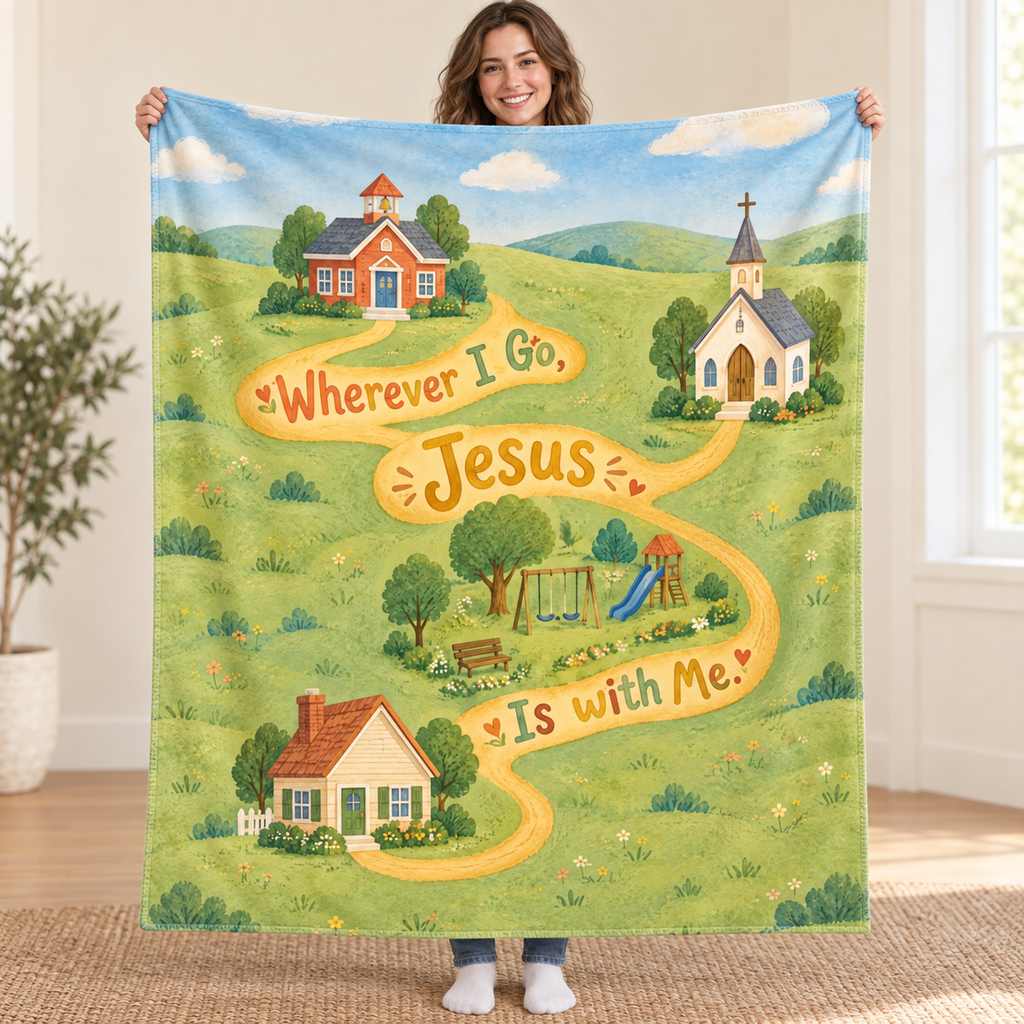 Wherever I Go, Jesus Is with Me. blanket, held open