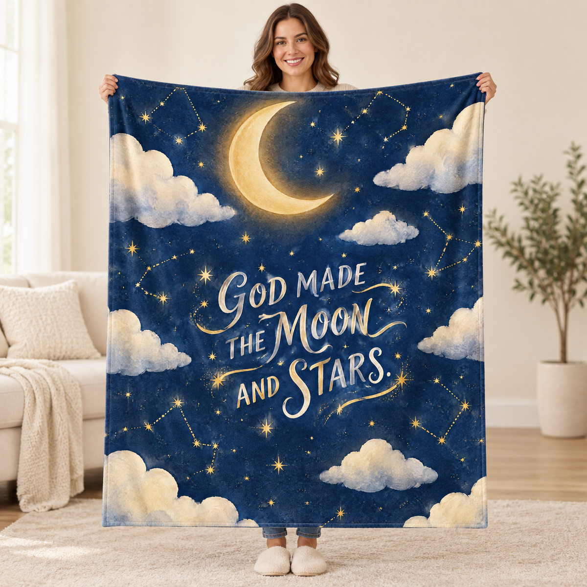 God Made the Moon and Stars. blanket, held open