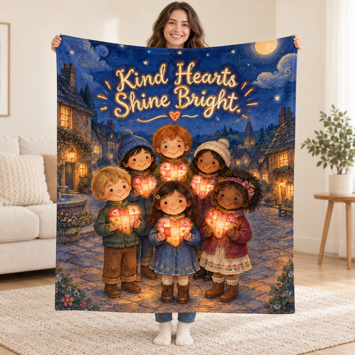Kind Hearts Shine Bright. blanket, held open