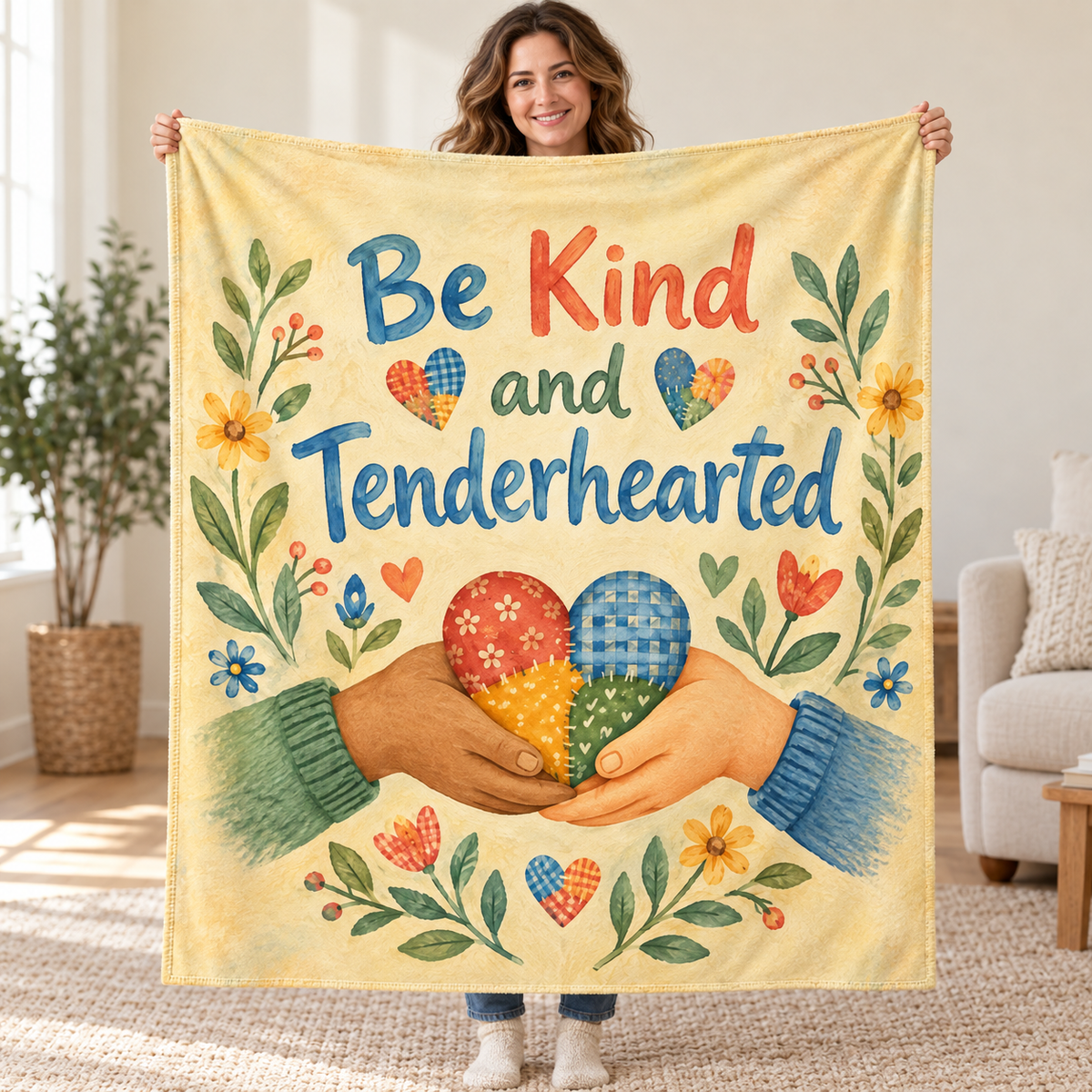 Be Kind and Tenderhearted. blanket, held open