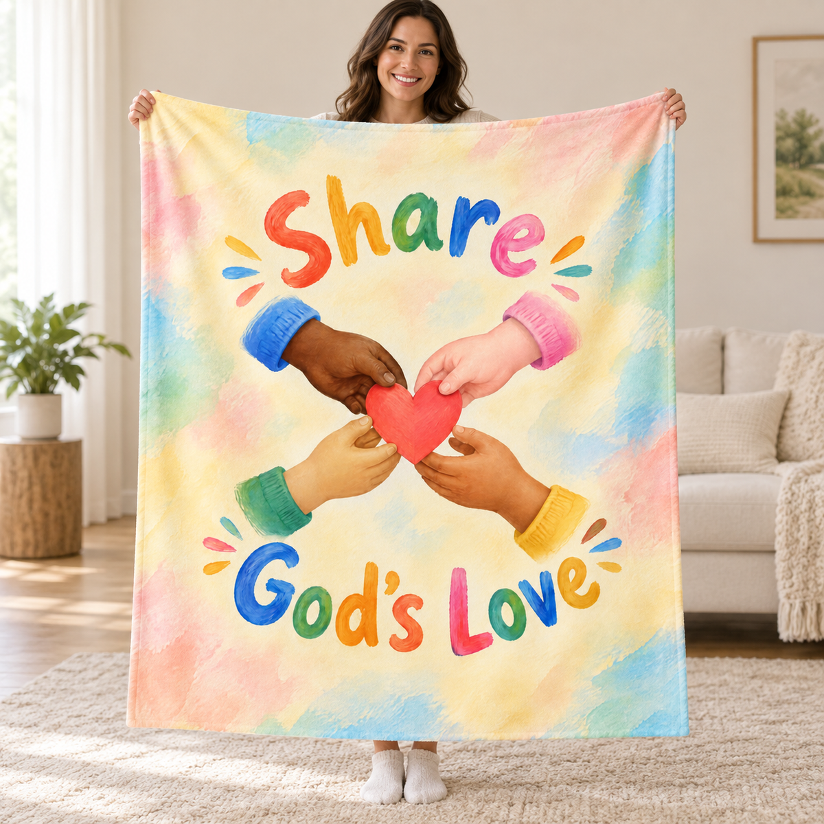 Share God's Love. blanket, held open