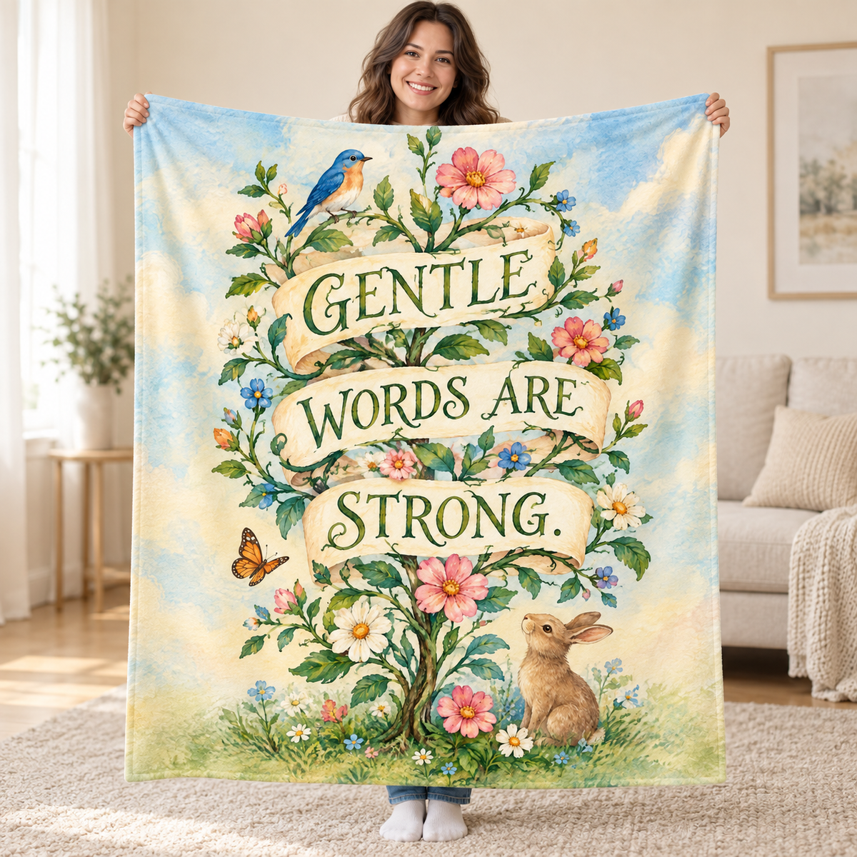 Gentle Words Are Strong. blanket, held open