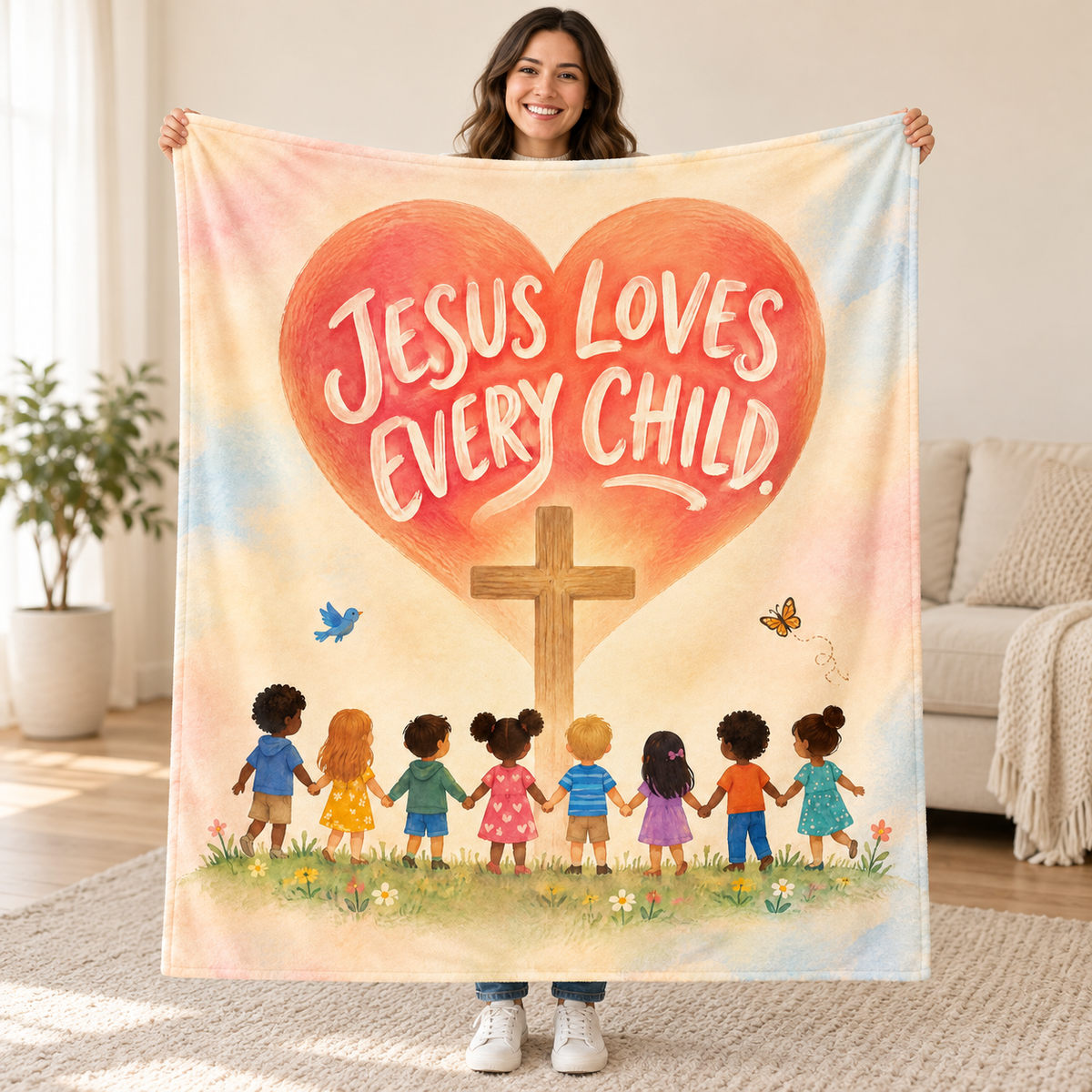 Jesus Loves Every Child. blanket, held open