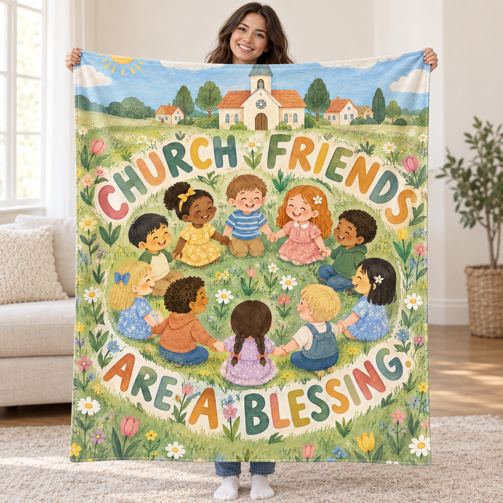 Church Friends Are a Blessing. blanket, held open