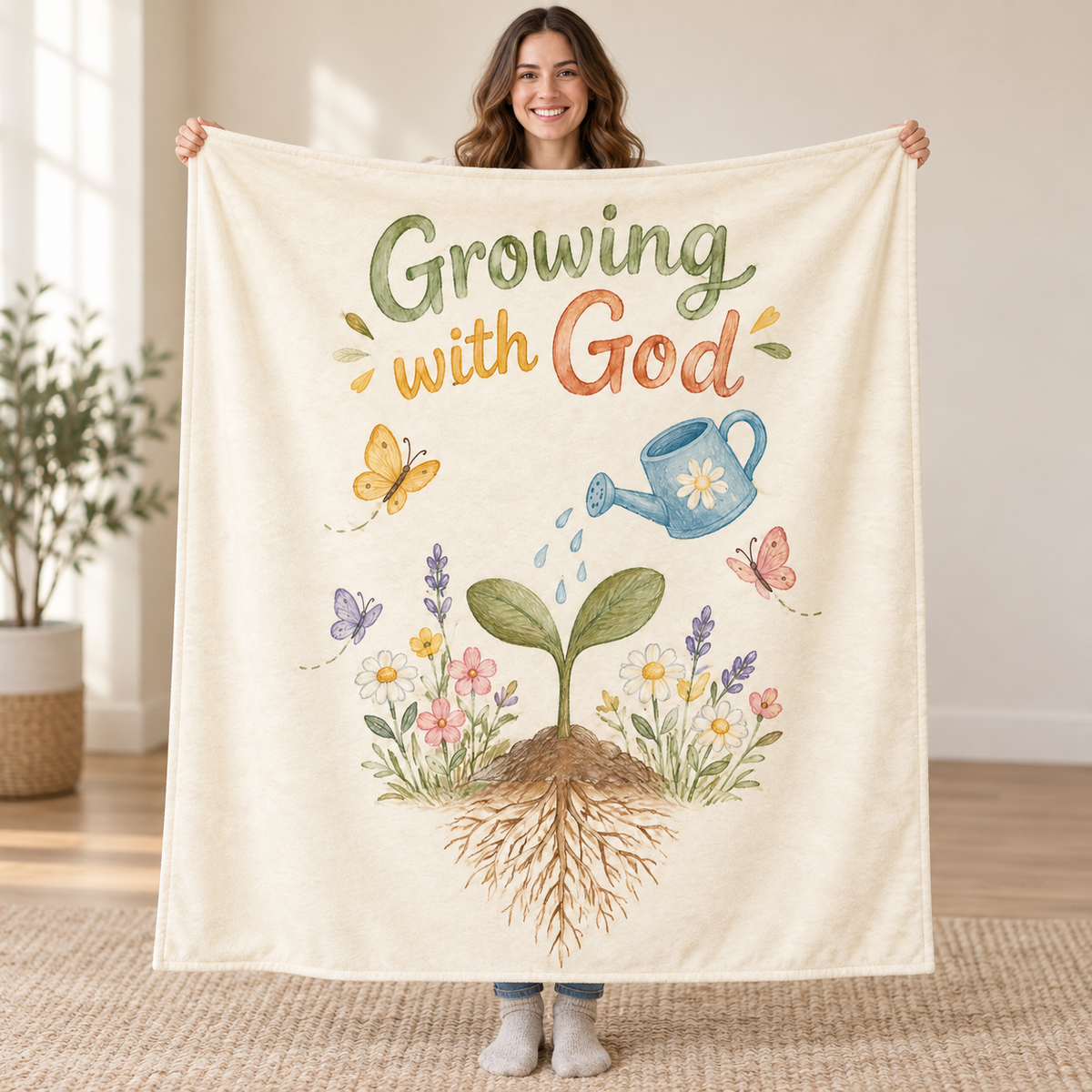 Growing with God. blanket, held open