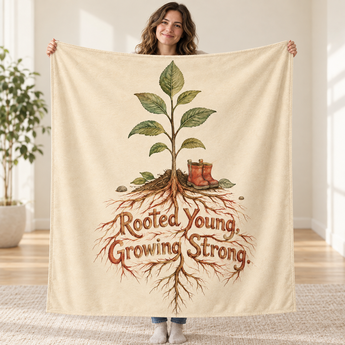 Rooted Young, Growing Strong. blanket, held open