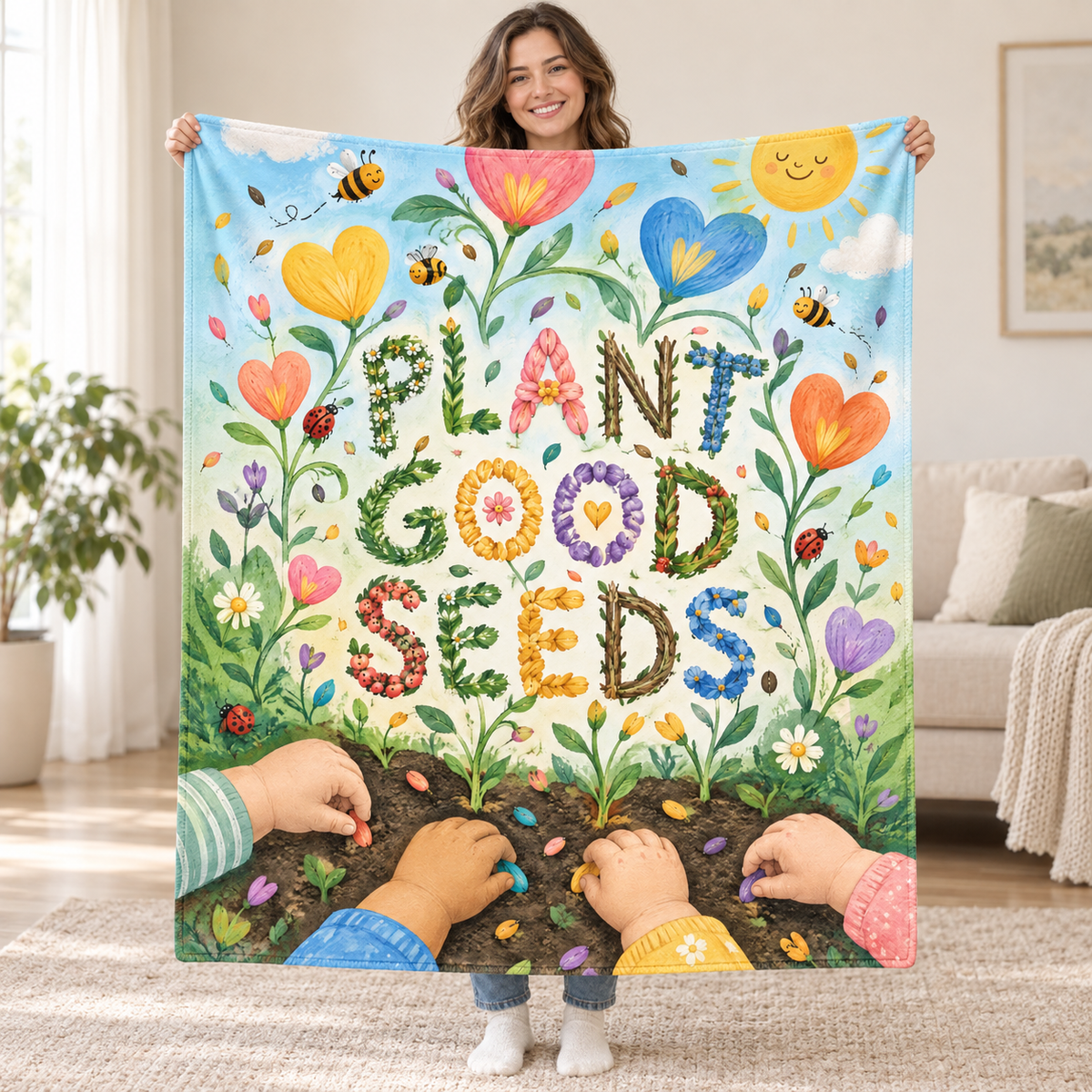 Plant Good Seeds. blanket, held open