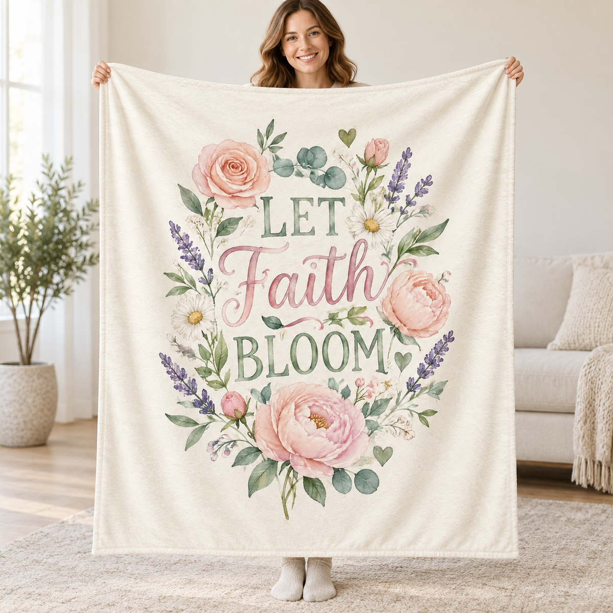 Let Faith Bloom. blanket, held open