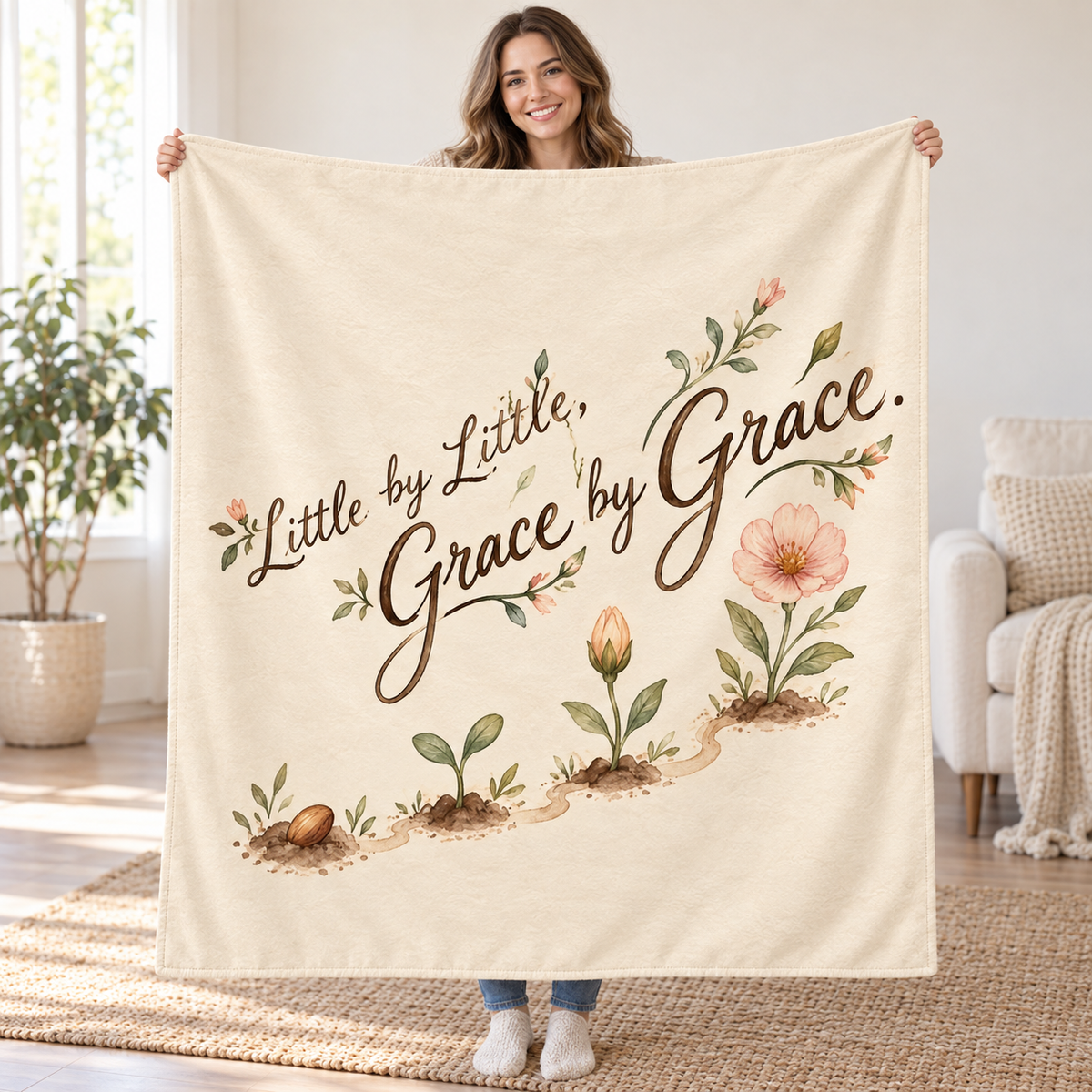 Little by Little, Grace by Grace. blanket, held open