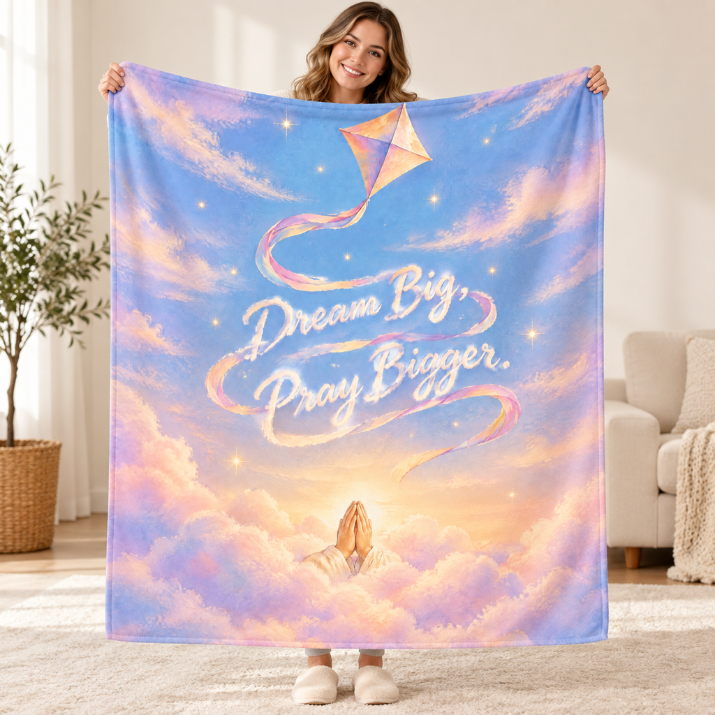 Dream Big, Pray Bigger. blanket, held open
