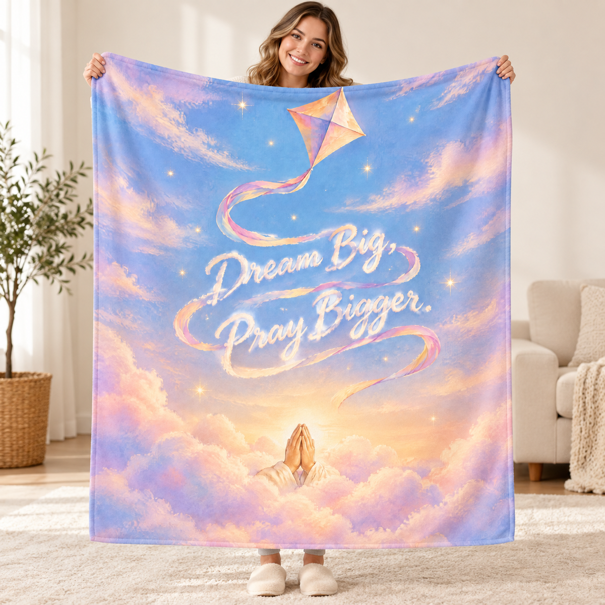 Dream Big, Pray Bigger. blanket, held open