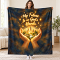 My Future Is in God's Hands. blanket, held open