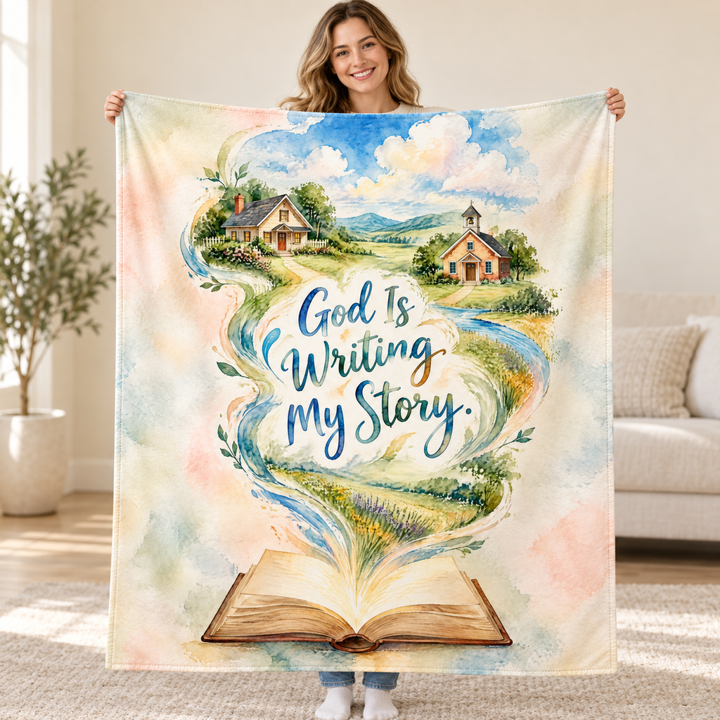 God Is Writing My Story. blanket, held open