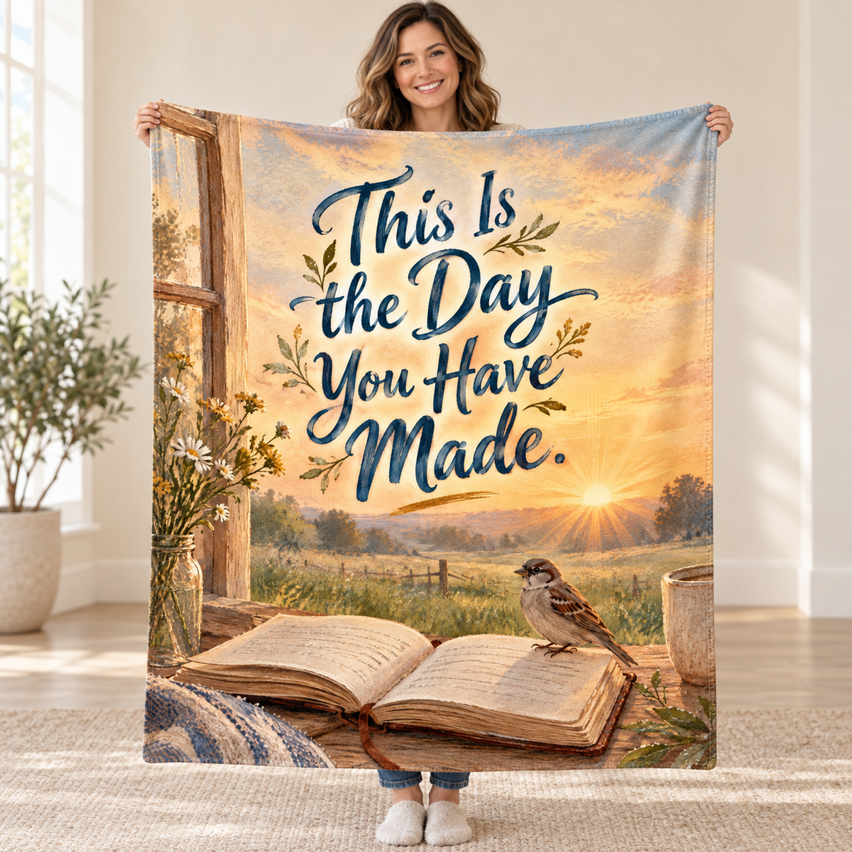 This Is the Day You Have Made. blanket, held open