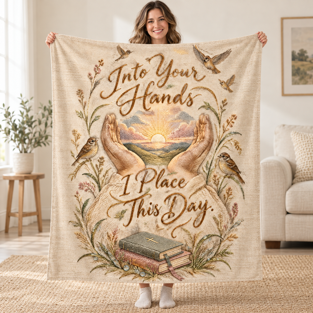 Into Your Hands I Place This Day. blanket, held open