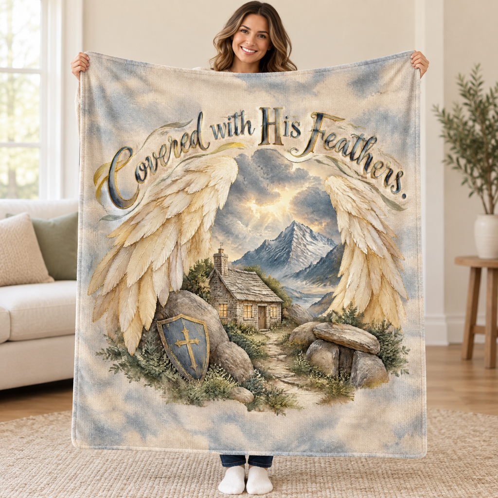 Covered with His Feathers. blanket, held open