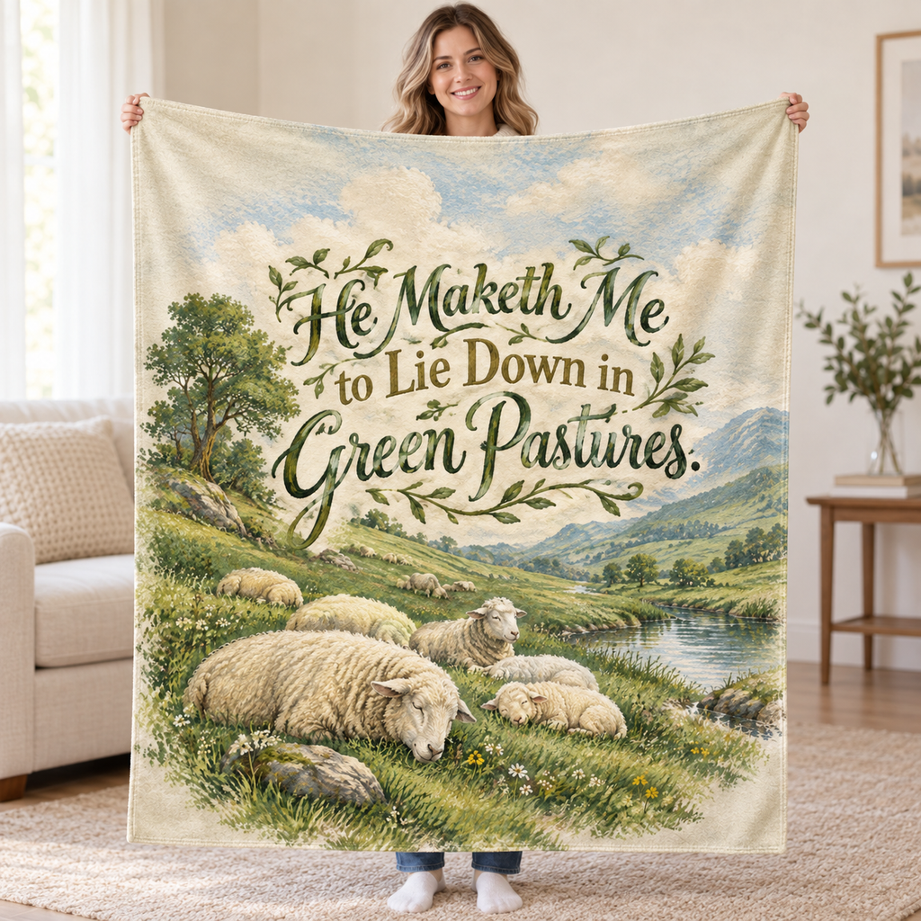 He Maketh Me to Lie Down in Green Pastures. blanket, held open