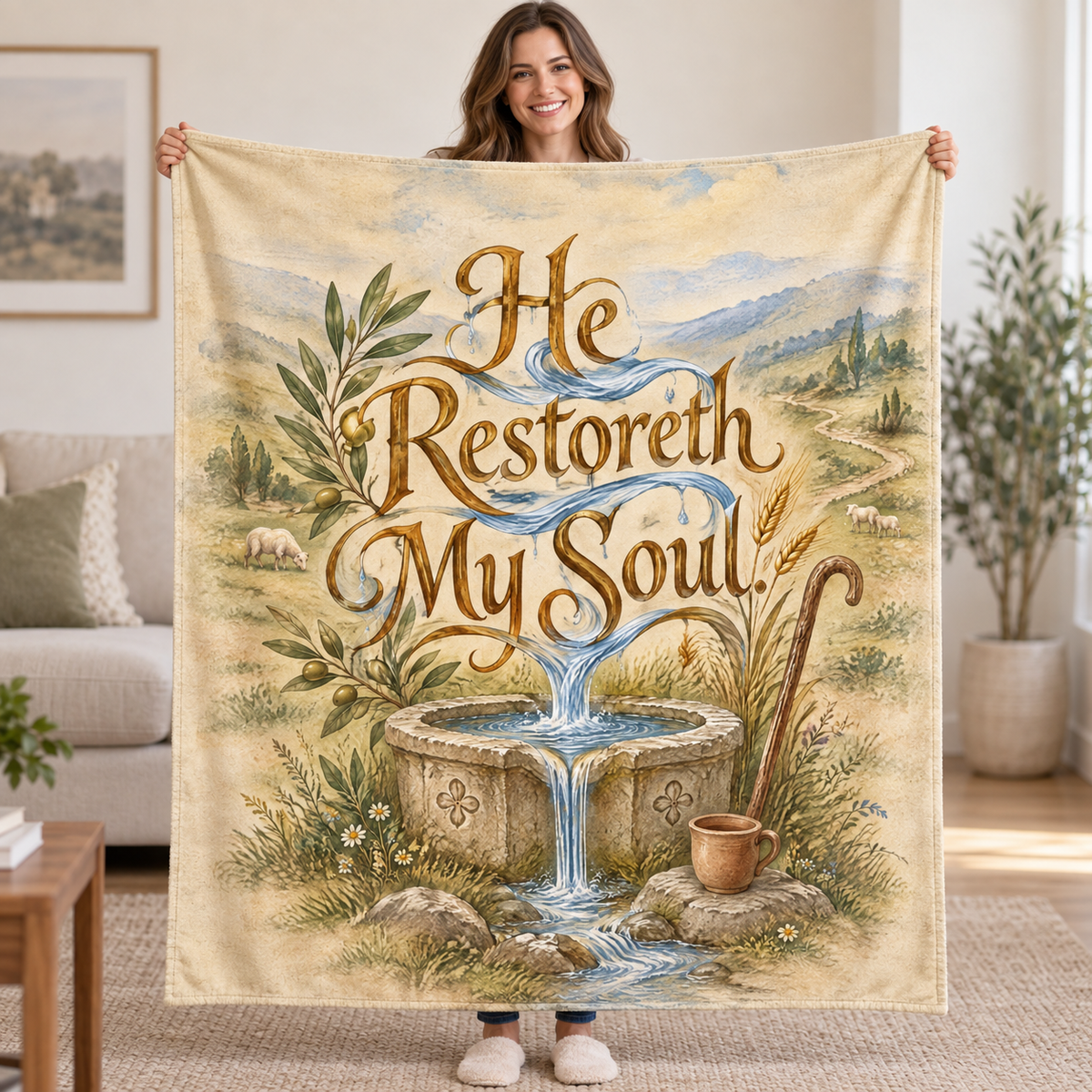 He Restoreth My Soul. blanket, held open