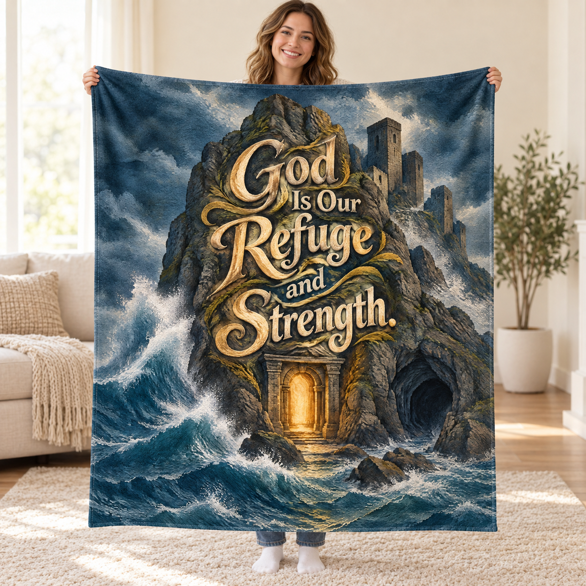 God Is Our Refuge and Strength. blanket, held open